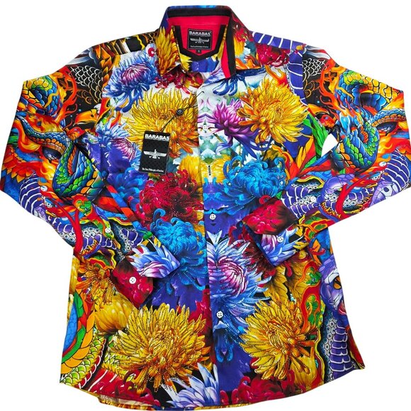 Barabas Mens Vibrant Dragon & Chrysanthemum Long Sleeve Shirt Small Rhinestones - Picture 2 of 10